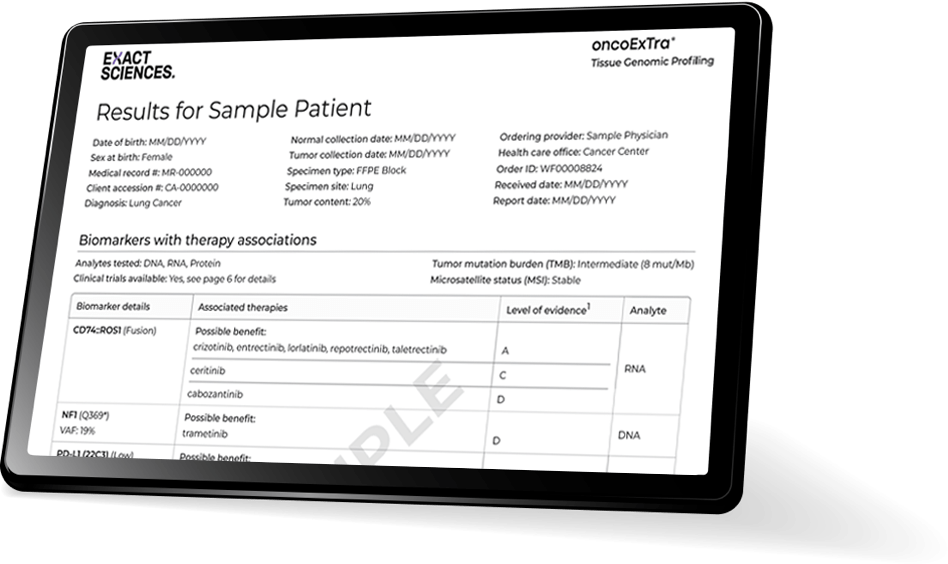 OncoExTra report on iPad screen.